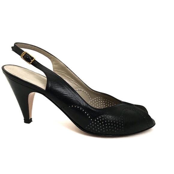 Vintage Salvatore Ferragamo Black Leather Peep Toe Slingback Heels 6AAA Narrow - Picture 6 of 7